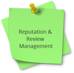 A green post it note with the words reputation and review management on top.