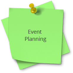 A green post it note with the words event planning on top.