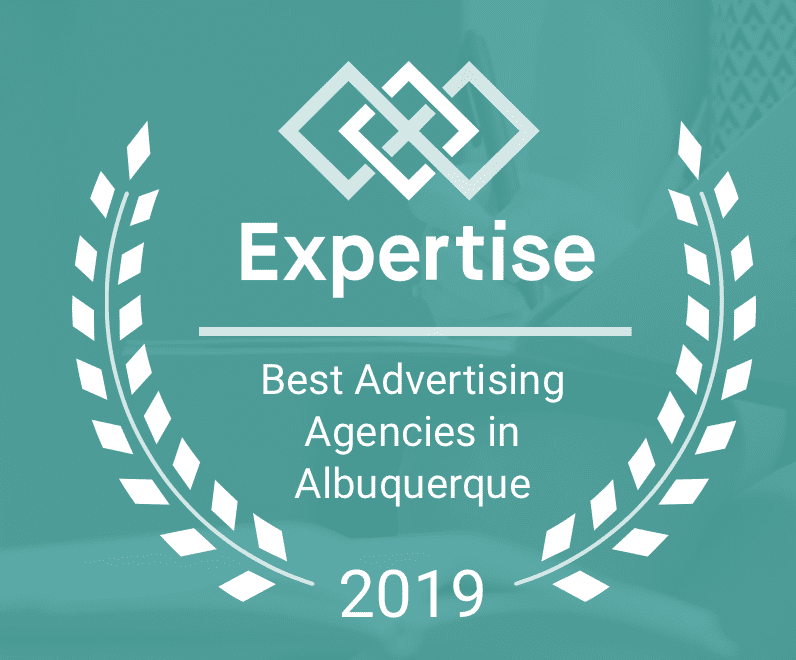 A blue and white logo with the words expertise best advertising agencies in albuquerque 2 0 1 9.