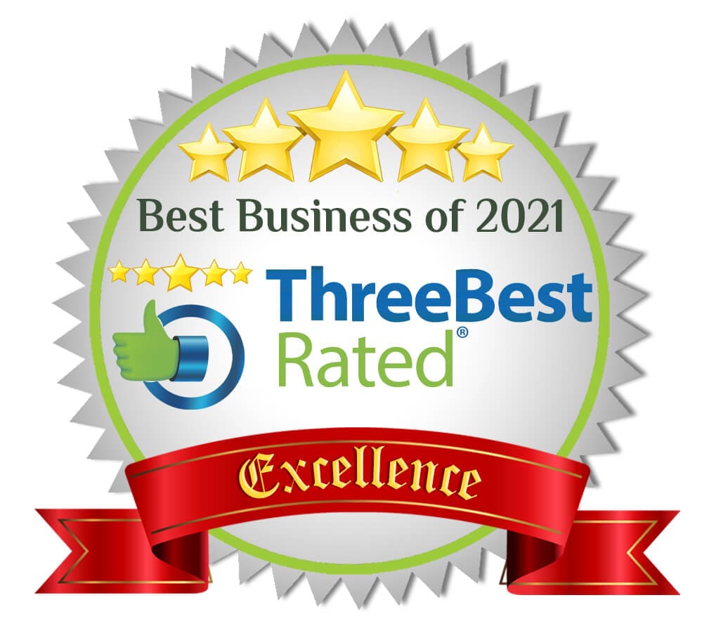 A badge that says best business of 2 0 2 1 three best rated.