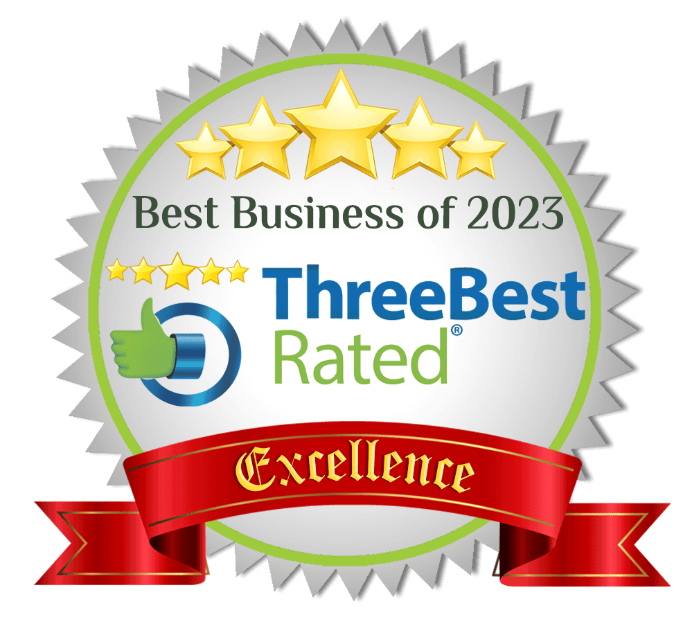 A red ribbon with three best rated logo